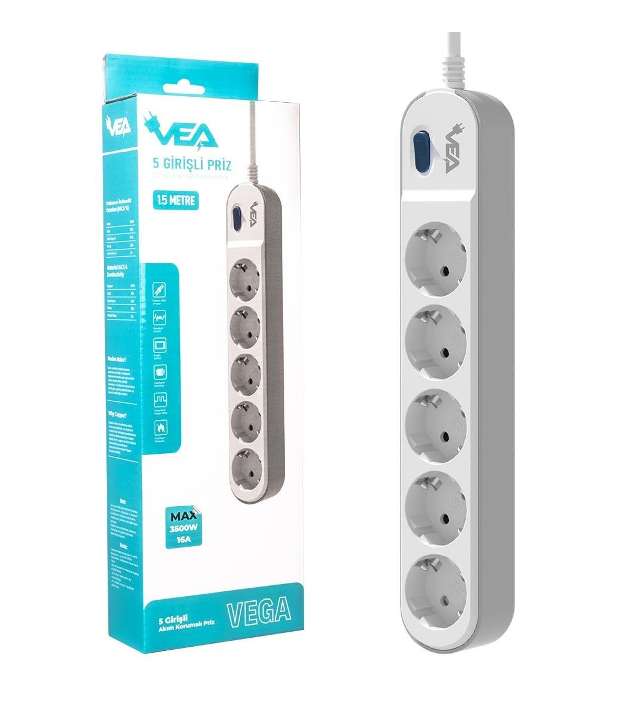 VEA VE-VEGA105 multi-socket extension cord, 5-way power strip. - Electric